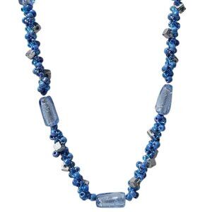 Elegant Retro Blue Beaded Necklace Toggle Clasp Silver Accents Fashion Jewelry